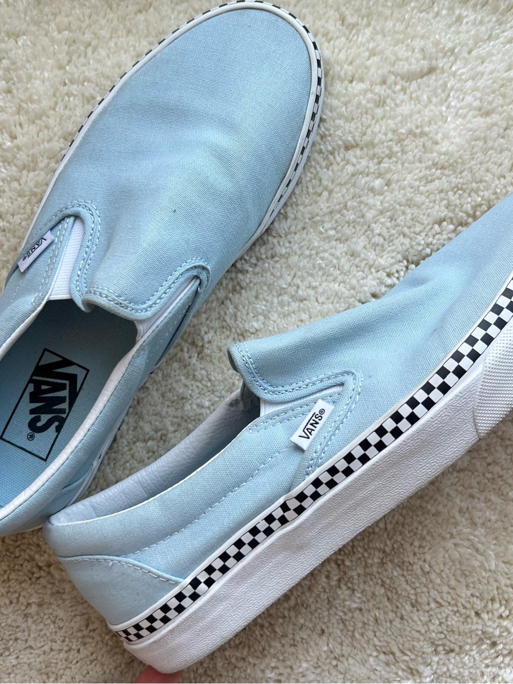 Vans Light Blue Slip-On Sneakers with Black-and-White Checkerboard Trim